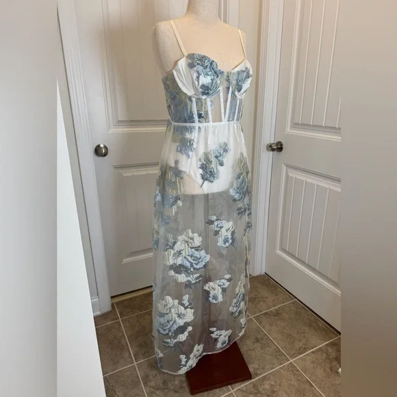 NWT For Love & Lemons Cody Organza Sheer Dress, White and Icicle Blue - XL - Picture 6 of 15